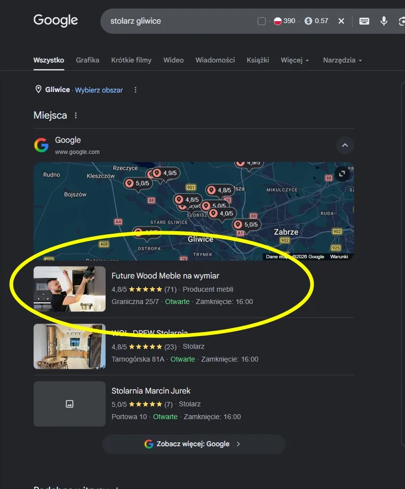 Future Wood na 1. miejscu w wynikach Google na frazę stolarz Gliwice