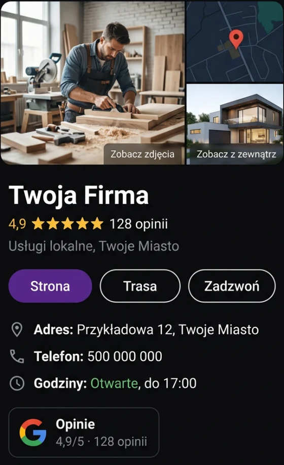 Przykładowa wizytówka Google firmy pozycjonowana przez Ad Vision